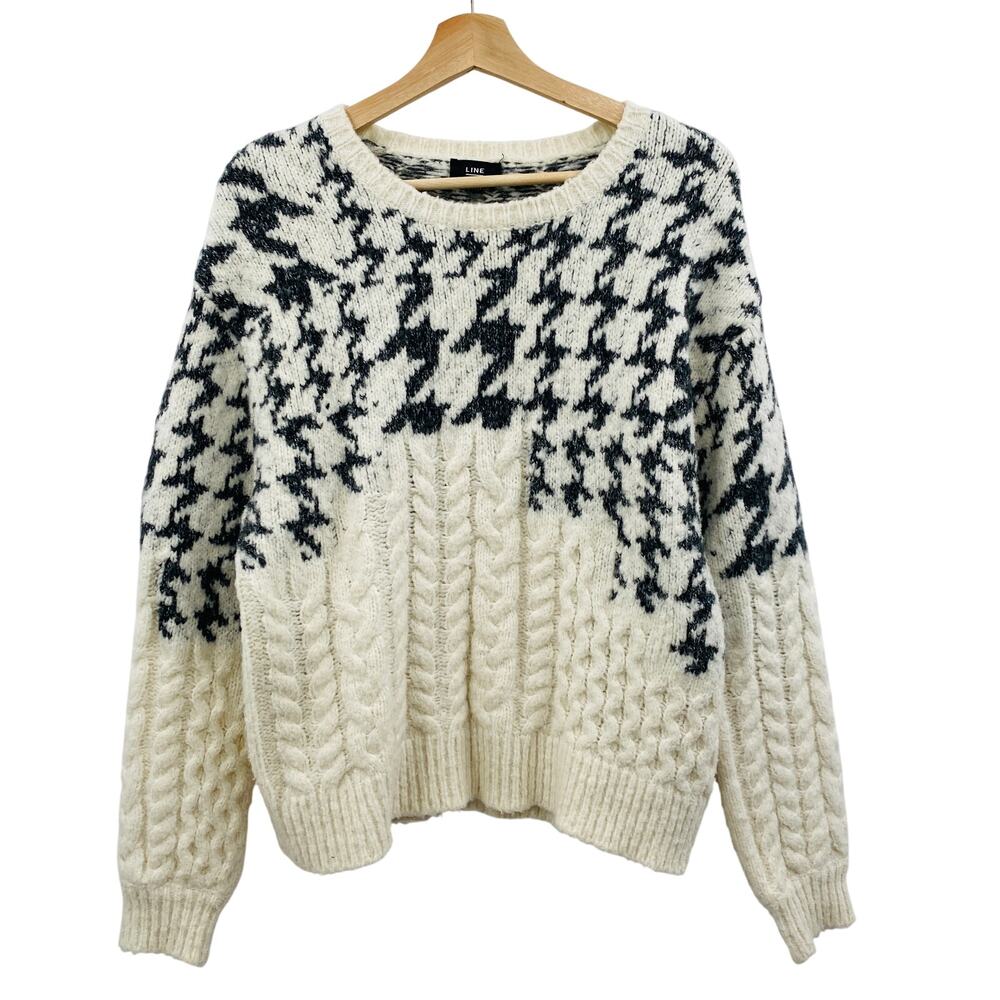 Line the label white houndstooth cable knit crew sweater